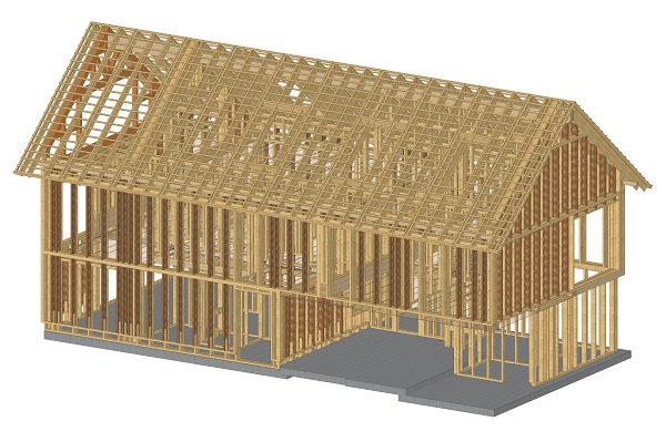 BIM-Modell vom Tragwerk und von weiteren Holzbaustoffen eines Gebäudes in Holzständerbauweise. Grafik: Prause Holzbauplanung