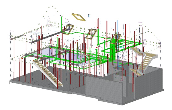 BIM-Modell von Dachfenstern, Treppen, Verbindungsmitteln, Versorgungsleitungen, Stahlträgern und Betonbauteilen des gleichen Gebäudes in Holzständerbauweise. Grafik: Prause Holzbauplanung